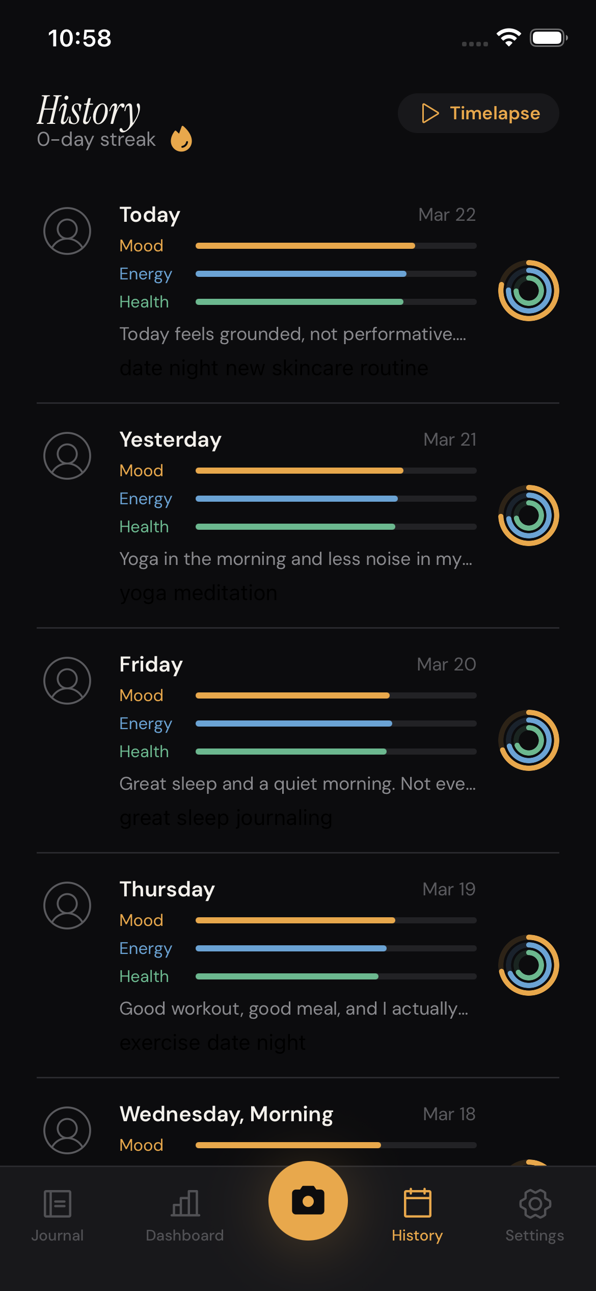 FaceJournal history showing daily entries with score bars